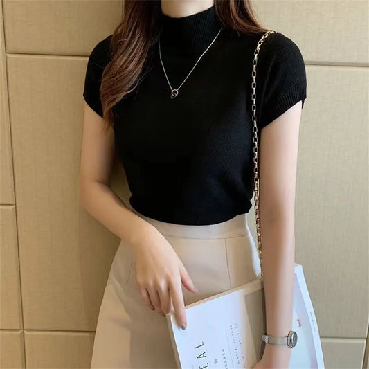 Blusas femininas, manga curta, tops de verão, gola alta, varias cores