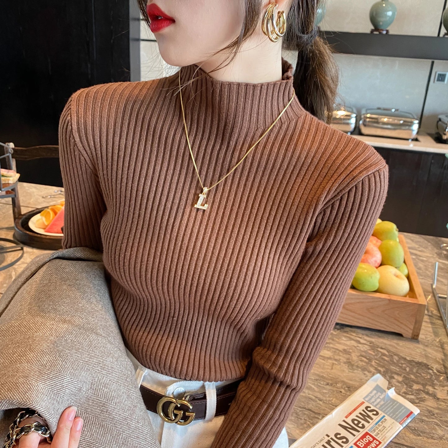 Suéter de malha feminino de inverno com manga comprida e gola falsa, pulôver, suéter de malha fina, blusas femininas da moda 2025