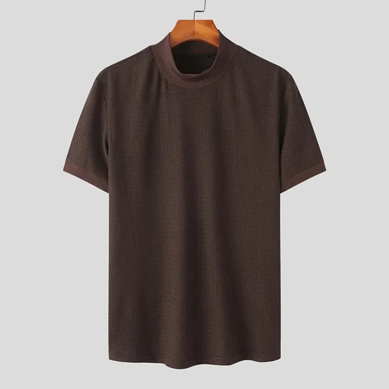 Camiseta masculina de malha, casual texturizada, meia gola alta, lisa, manga curta