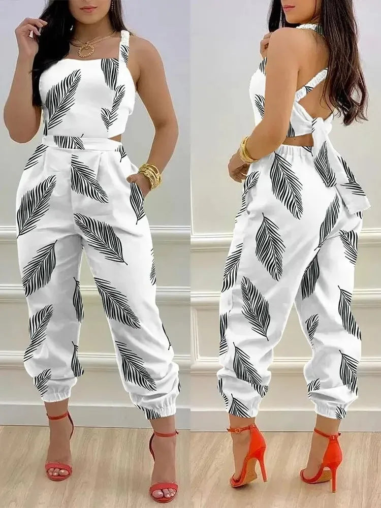 Novo macacão sem mangas estampado da moda de verão, vazado, sem costas, com cadarço, longo, elegante, casual, com bolso
