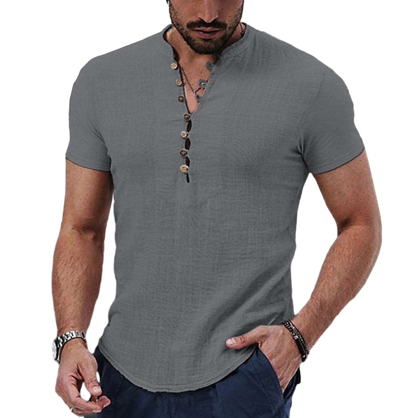 Camiseta masculina de manga curta, nova, de cor sólida, de algodão e linho, respirável