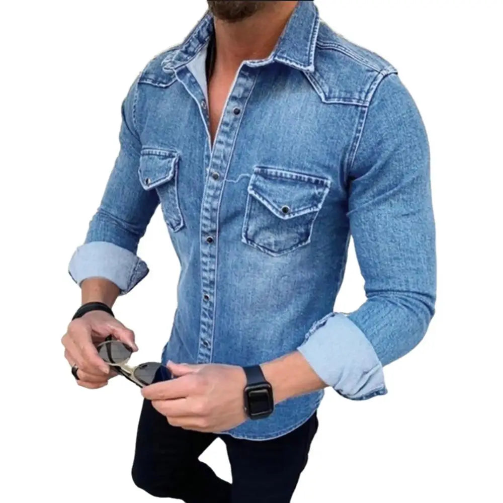 Camisas jeans masculinas de manga comprida, camisas casuais de abotoamento simples