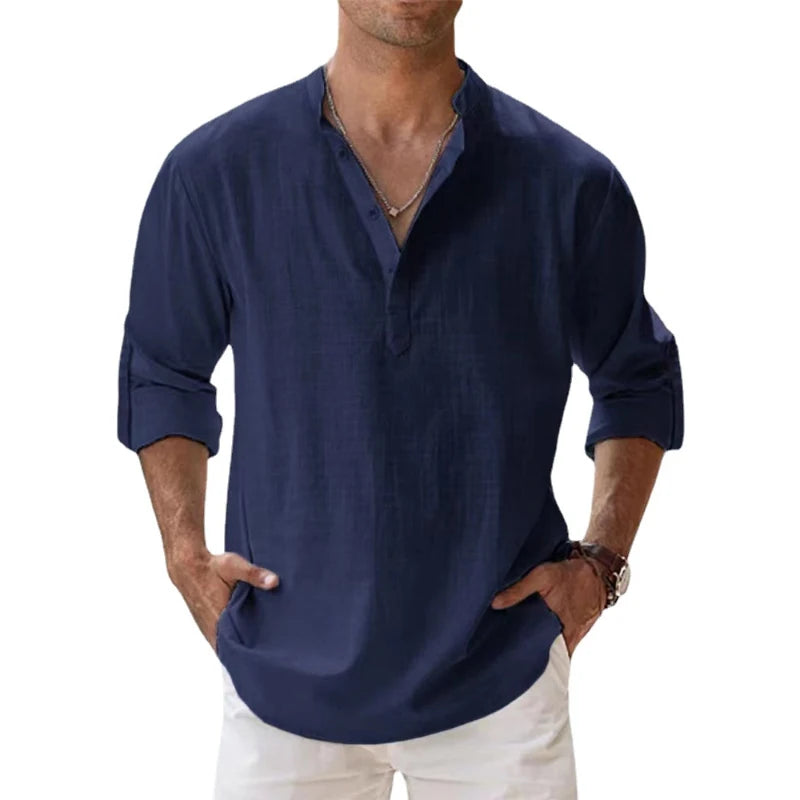 Novas camisas Henley masculina de algodão e linho, camisas casuais, leves, manga comprida