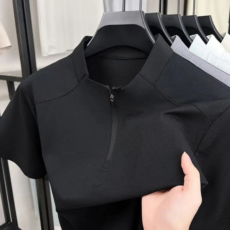 Camiseta masculina de manga curta com meio zíper, casual, de malha, respirável, cor sólida, leve, solta, confortável