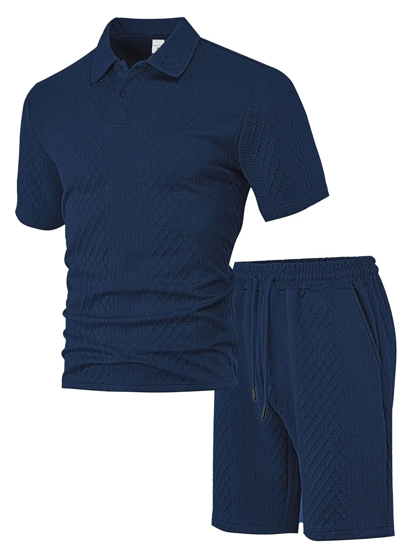 Novo conjunto de 2 peças de camisa polo esportiva fina masculina com estampa geométrica europeia de verão e tecido jacquard, manga curta e shorts