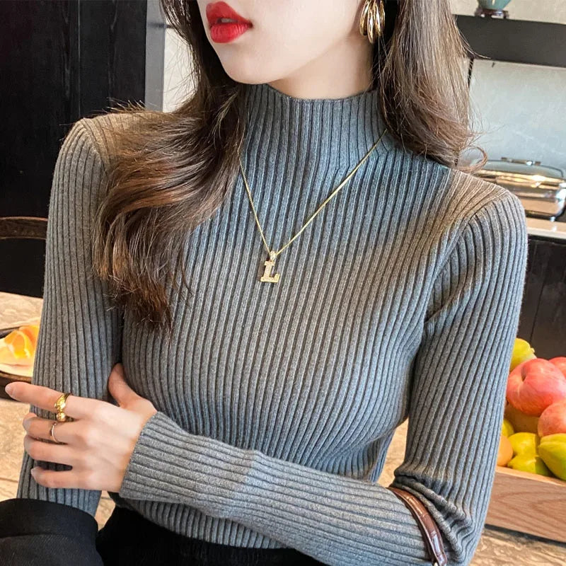 Suéter de malha feminino de inverno com manga comprida e gola falsa, pulôver, suéter de malha fina, blusas femininas da moda 2025