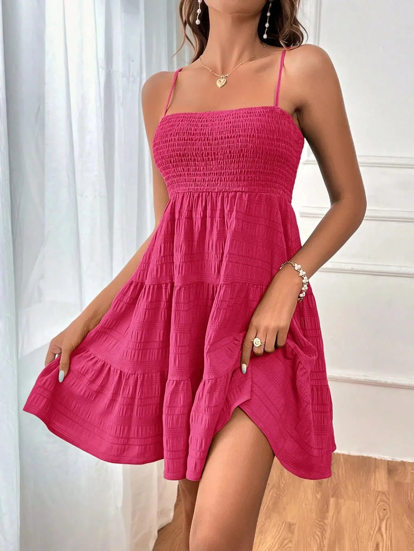 Vestido de praia boêmio feminino, sexy, sem mangas, costas nuas, grande, minivestido, liso, alça espaguete, babados