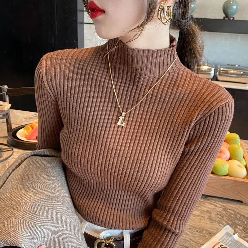 Suéter de malha feminino de inverno com manga comprida e gola falsa, pulôver, suéter de malha fina, blusas femininas da moda 2025