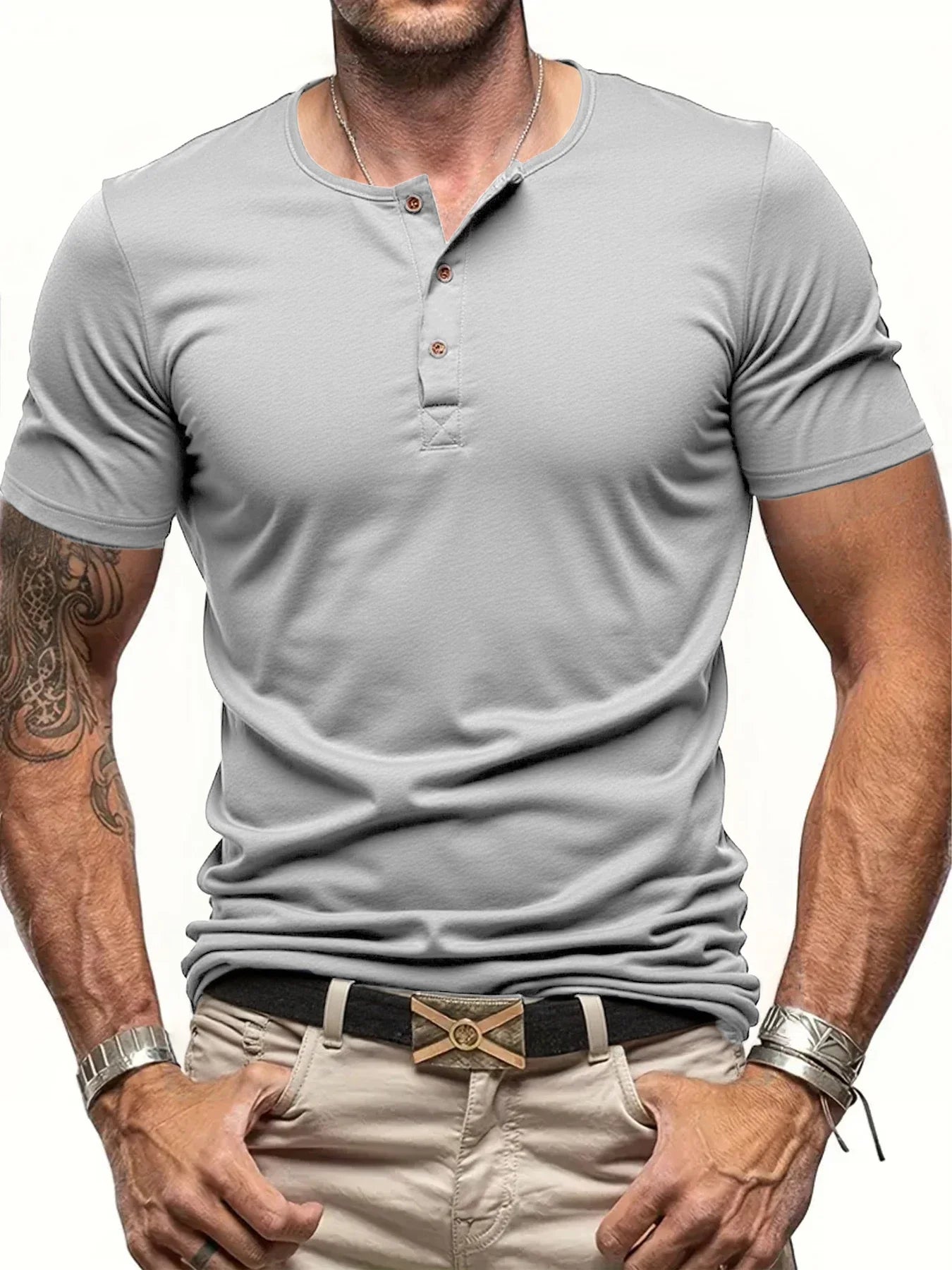 Camiseta masculina de manga curta com gola Henley, cor sólida, corte slim, gola com botão, camiseta casual e aconchegante, moda urbana