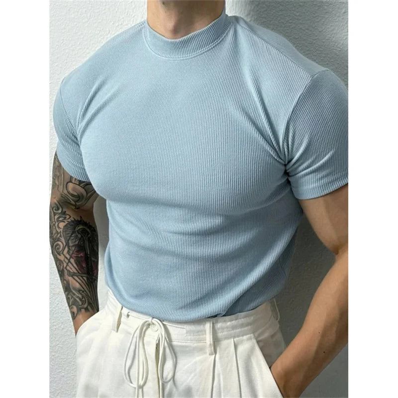 Camiseta masculina elástica confortável primavera verão, listrada de gola alta, manga curta