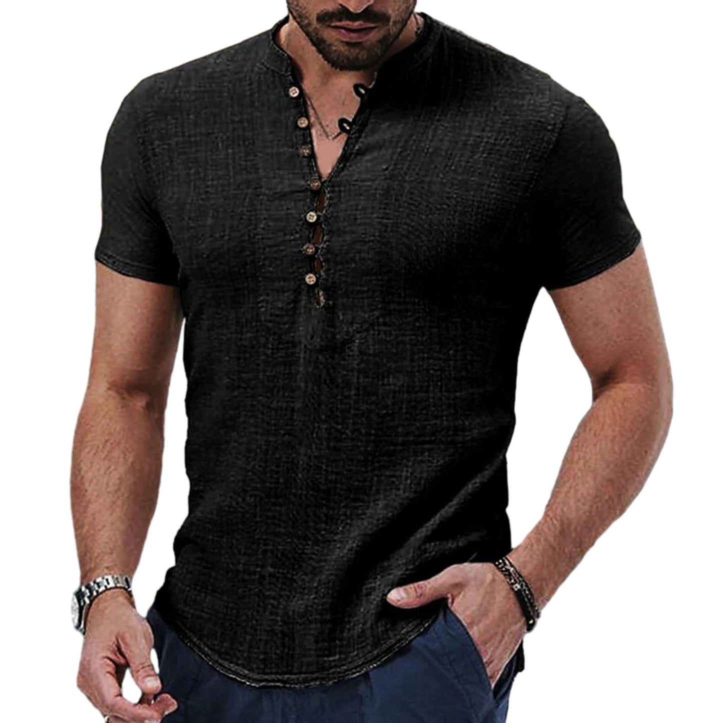Camiseta masculina de manga curta, nova, de cor sólida, de algodão e linho, respirável