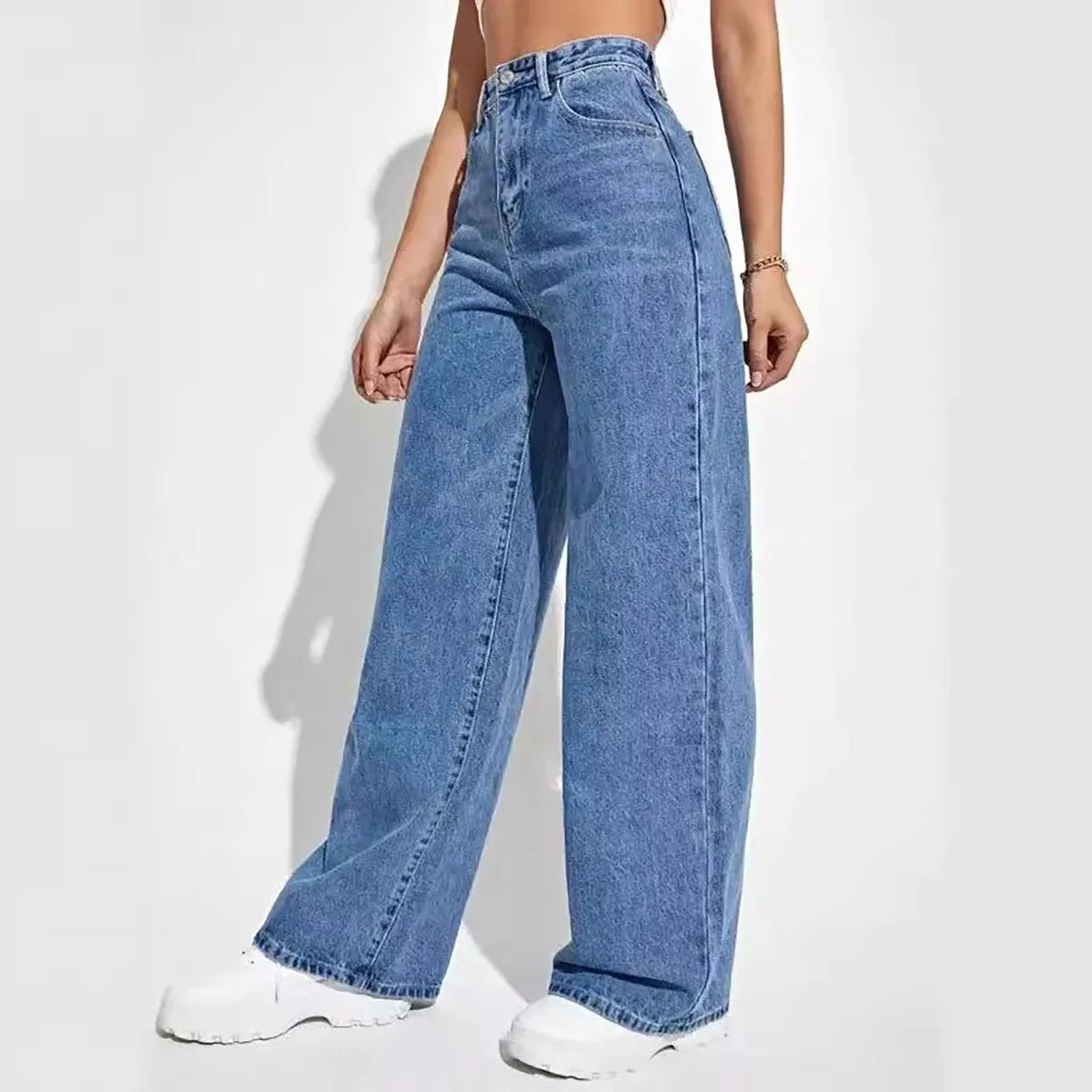 Calça jeans azul retrô da moda feminina, modelo Y2K, calça reta larga de cintura alta