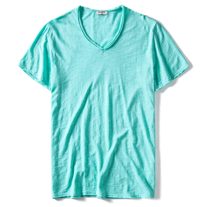 Nova camiseta masculina de verão 2025, gola V, 100% algodão penteado, manga curta