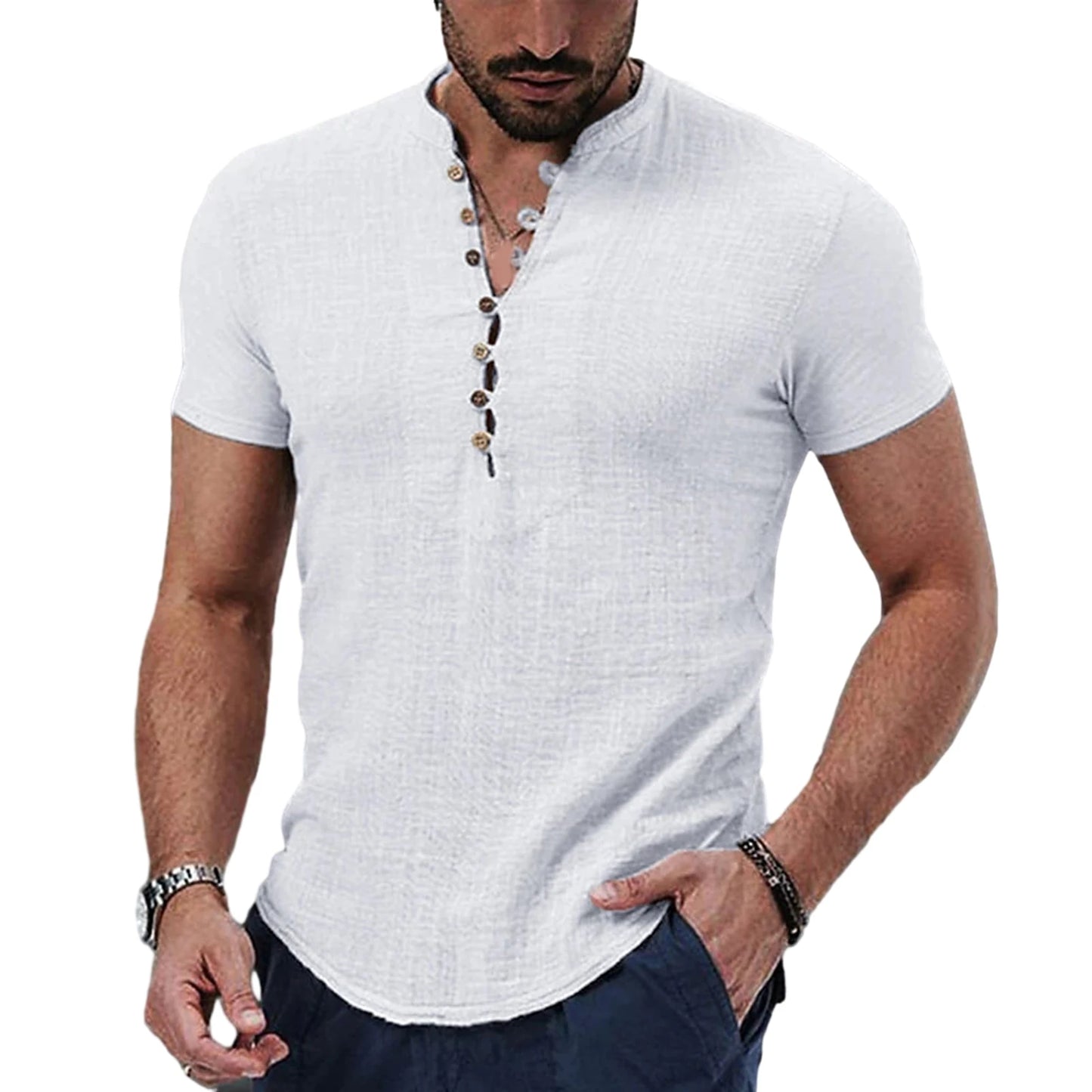 Camiseta masculina de manga curta, nova, de cor sólida, de algodão e linho, respirável