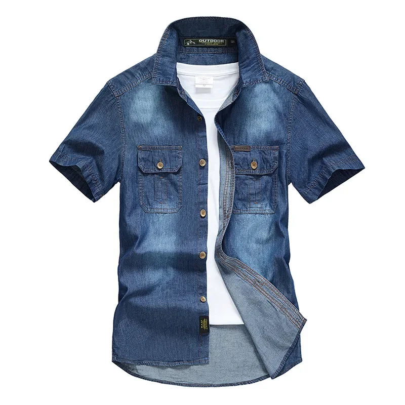 Camisas jeans masculinas com vários bolsos, camisas casuais de algodão de alta qualidade