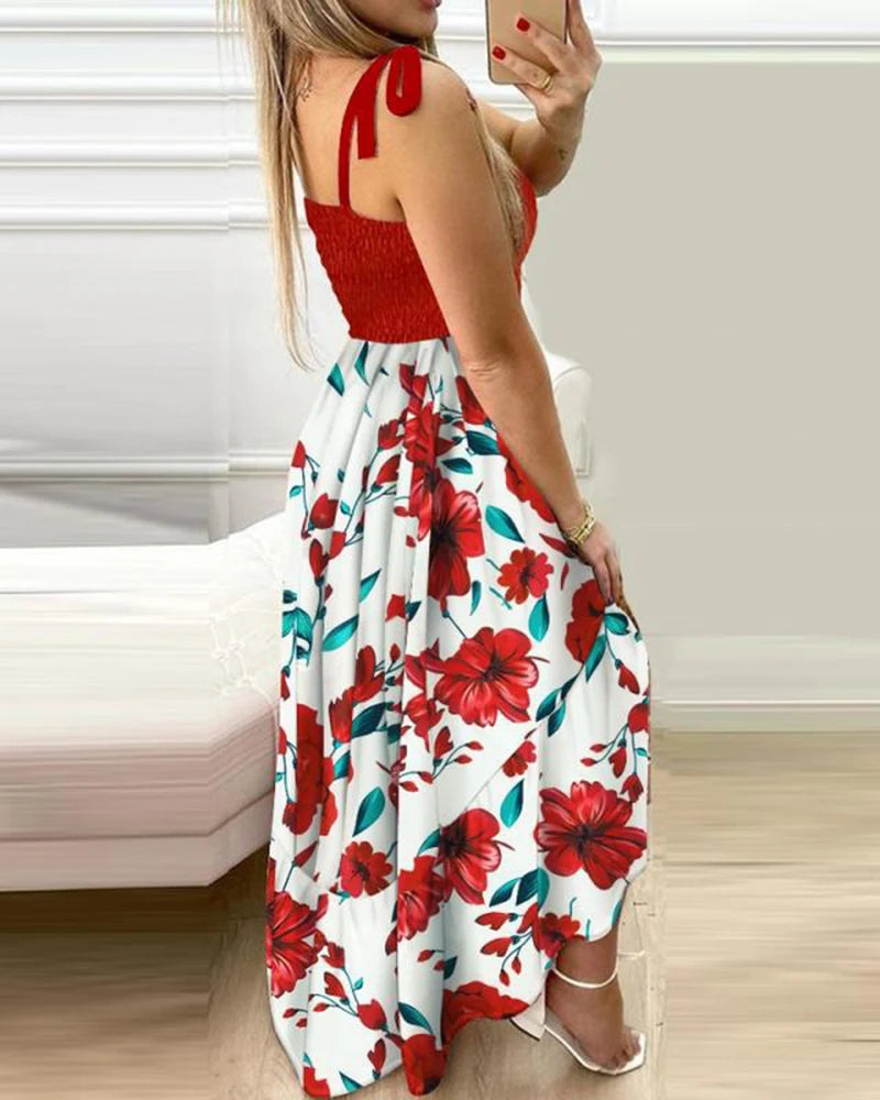 Vestido longo de verão com alças finas e estampa floral, casual, elegante