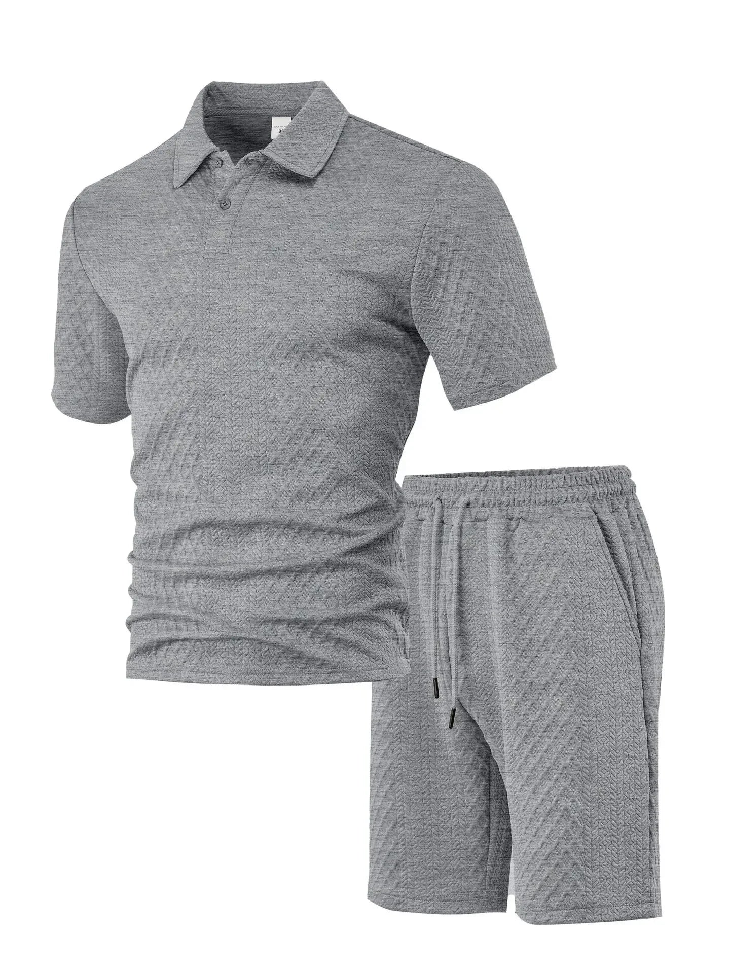 Novo conjunto de 2 peças de camisa polo esportiva fina masculina com estampa geométrica europeia de verão e tecido jacquard, manga curta e shorts