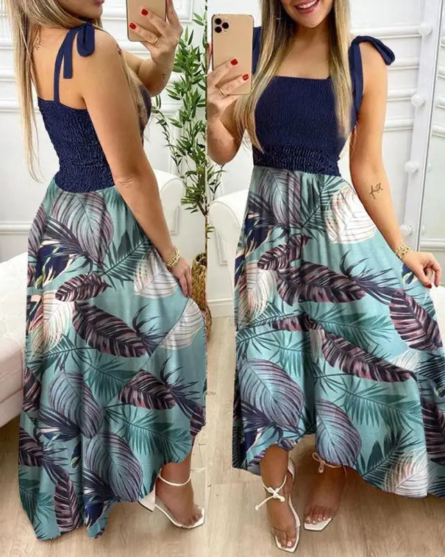 Vestido longo de verão com alças finas e estampa floral, casual, elegante
