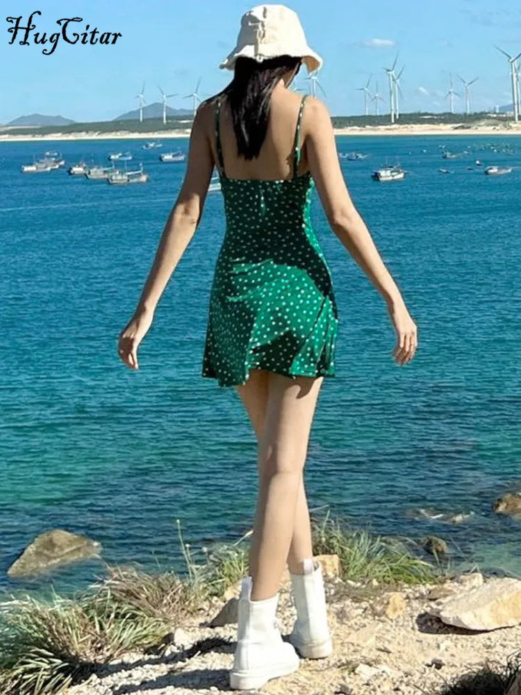 Vestido curto com estampa de bolinhas, costas nuas, elegante, justo, casual, verde