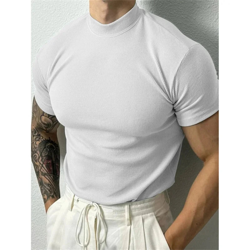 Camiseta masculina elástica confortável primavera verão, listrada de gola alta, manga curta