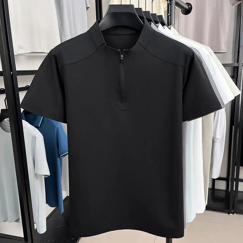 Camiseta masculina de manga curta com meio zíper, casual, de malha, respirável, cor sólida, leve, solta, confortável