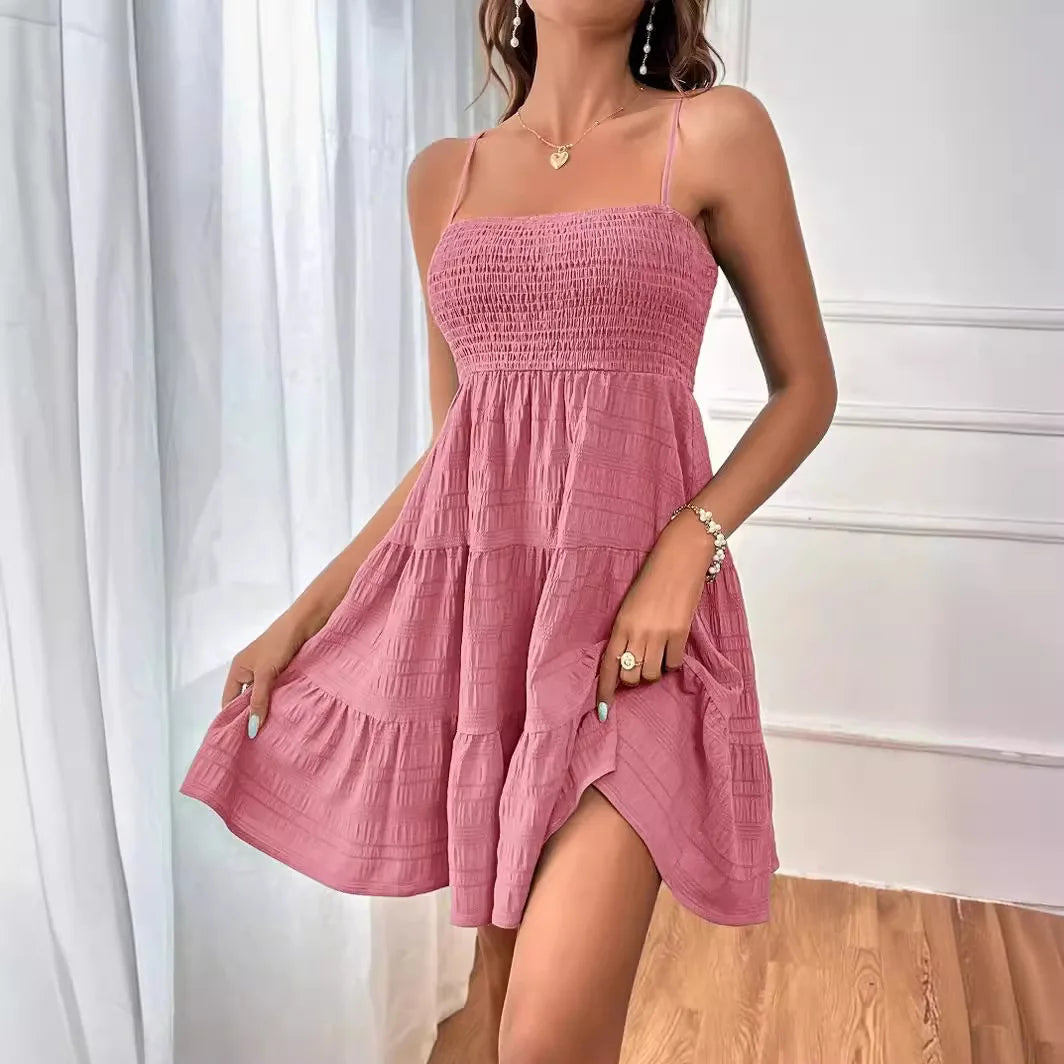 Vestido de praia boêmio feminino, sexy, sem mangas, costas nuas, grande, minivestido, liso, alça espaguete, babados