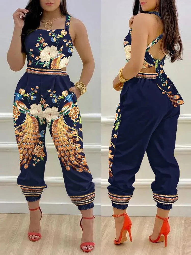 Novo macacão sem mangas estampado da moda de verão, vazado, sem costas, com cadarço, longo, elegante, casual, com bolso