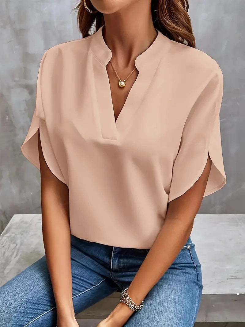 Blusa feminina elegante de chiffon liso primavera verão casual manga comprida gola V camisa solta túnica feminina