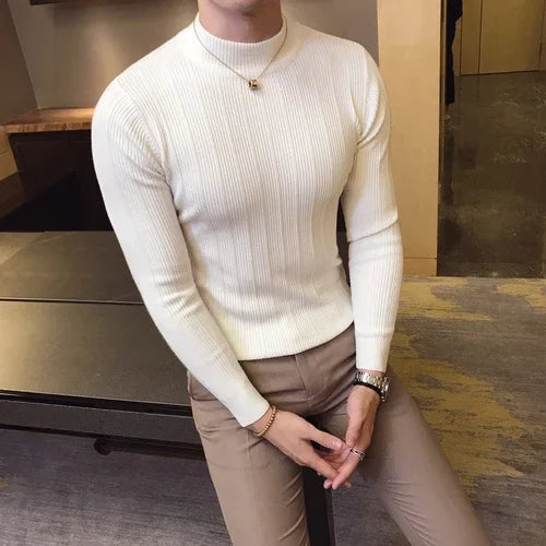 Men's Pullover Sweaters 2025 Korean Casual Striped Solid Sweater Men Half High Collar Stretch Tight Sweater Slim Fit Knit Tops