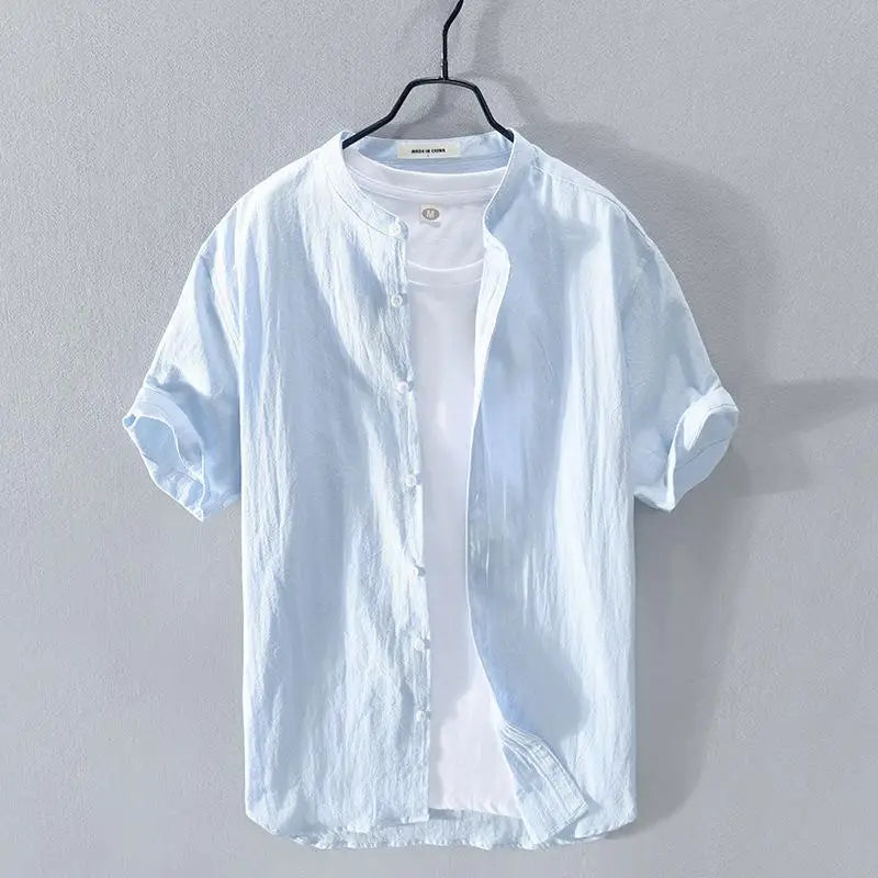 Camisa de linho masculina, manga curta, gola alta, ajuste solto, primavera/verão, leve, casual