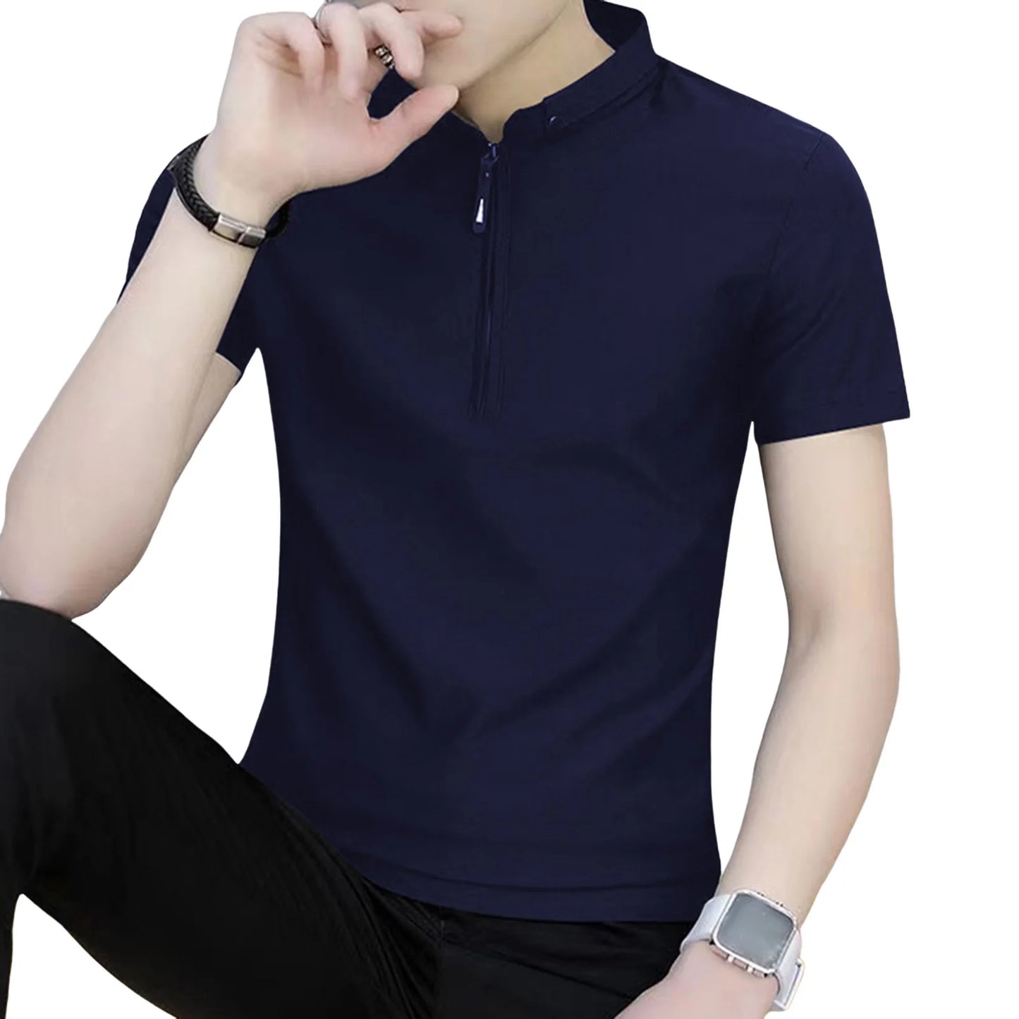 Camiseta masculina de manga curta, nova, de cor sólida, de algodão e linho, respirável