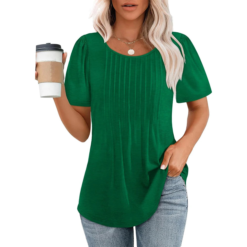 Camisetas femininas de manga curta, plissadas, elegantes, casuais, com decote redondo