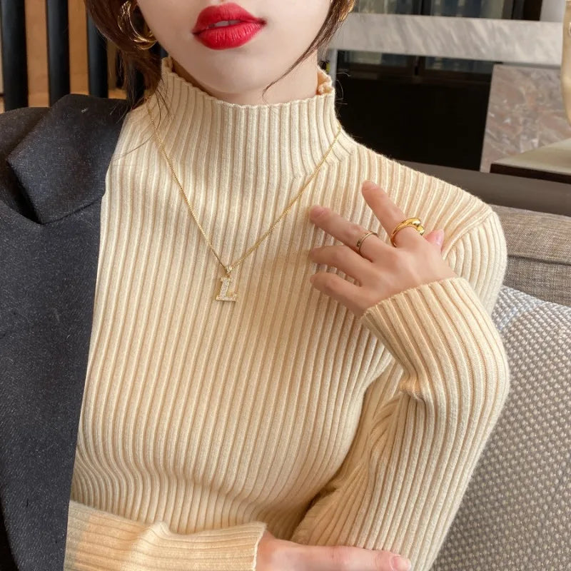 Suéter de malha feminino de inverno com manga comprida e gola falsa, pulôver, suéter de malha fina, blusas femininas da moda 2025