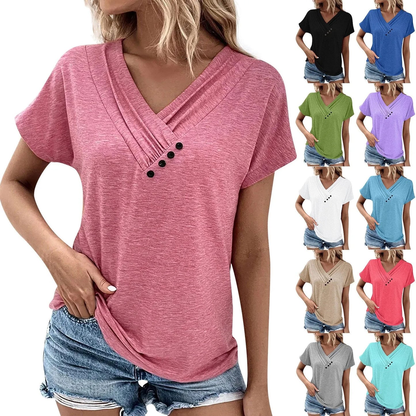 Camiseta feminina da moda, cor sólida, gola V, manga curta, básica, moda urbana, verão