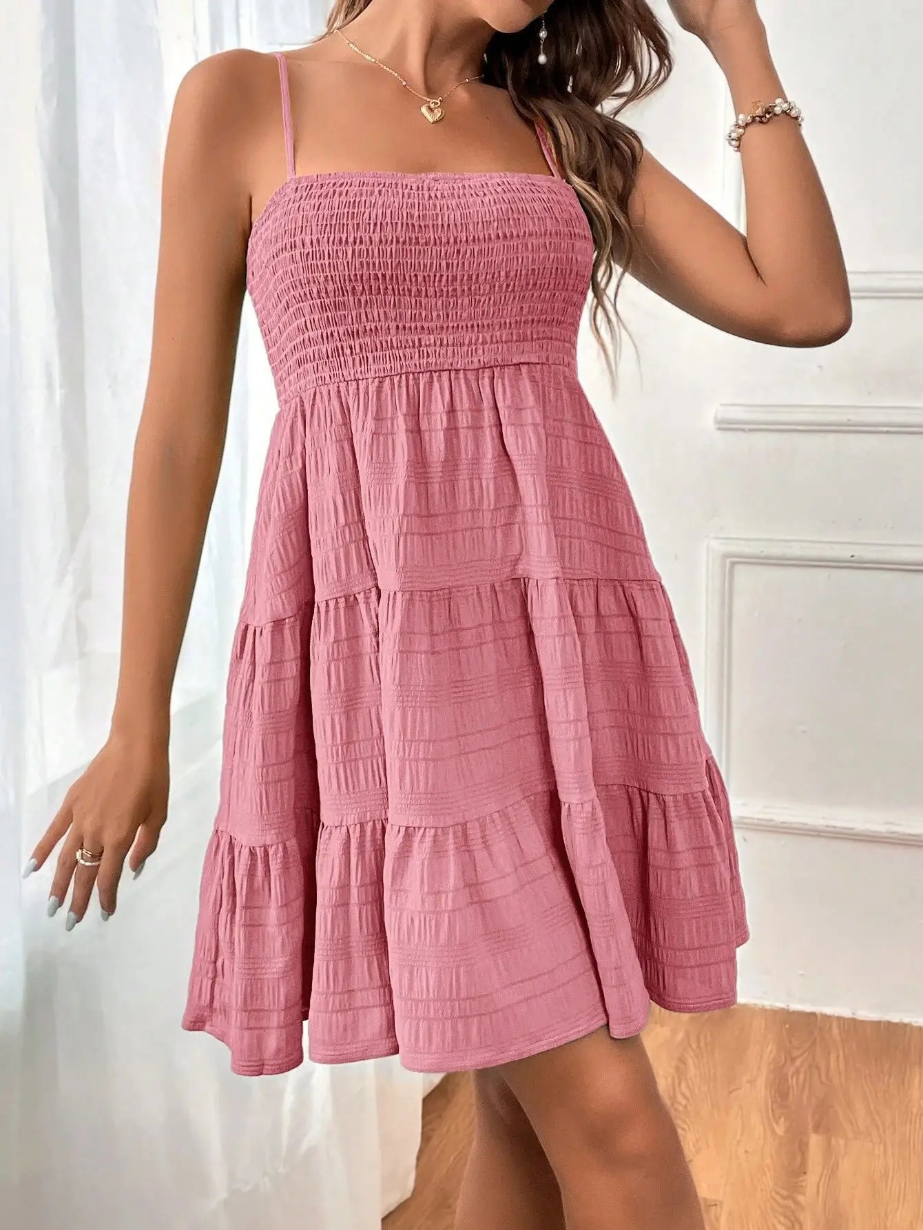 Vestido de praia boêmio feminino, sexy, sem mangas, costas nuas, grande, minivestido, liso, alça espaguete, babados
