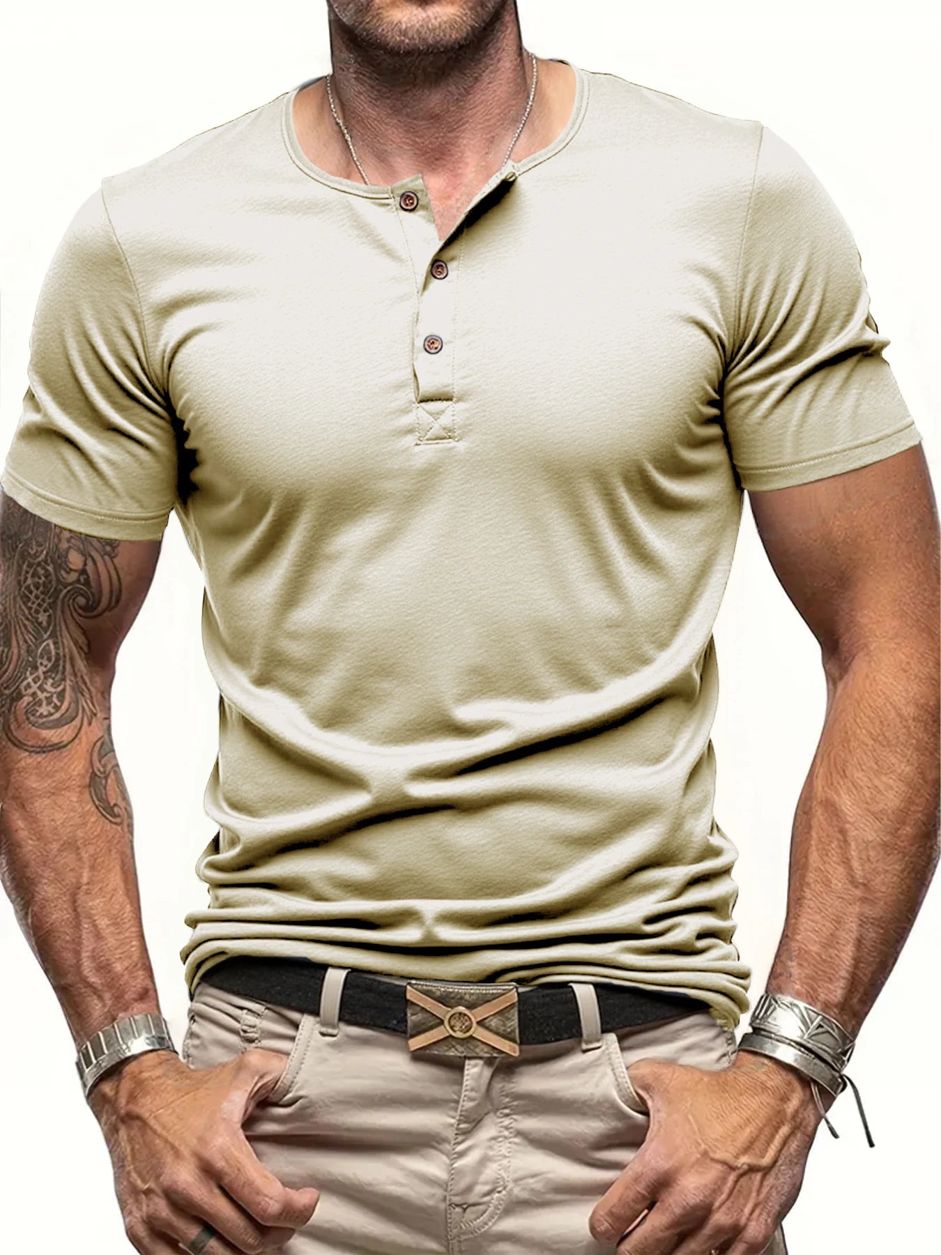 Camiseta Henley Masculina, Leve Manga Curta Casual Algodão Slim Fit Básica Solta Fitness Respirável