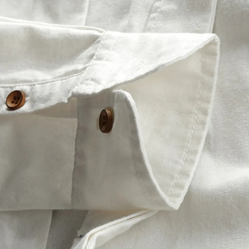 Camisa masculina de linho e algodão, gola alta, manga comprida, cor sólida, casual, respirável, clássica