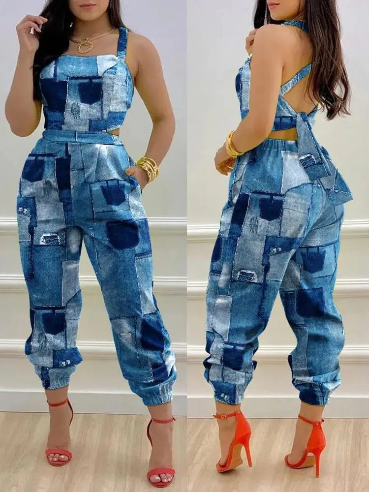 Novo macacão sem mangas estampado da moda de verão, vazado, sem costas, com cadarço, longo, elegante, casual, com bolso
