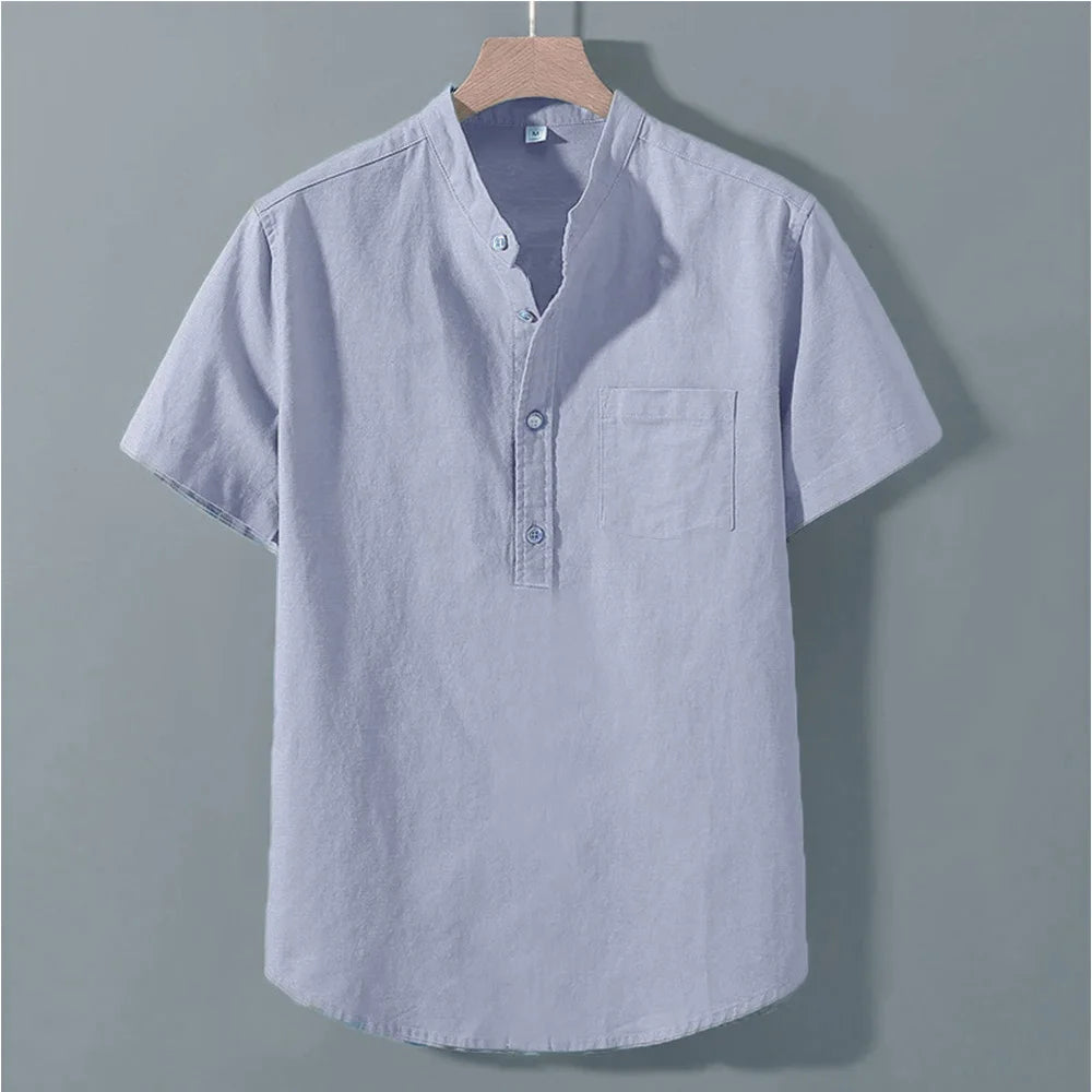 Camiseta masculina de verão, manga curta, cor sólida, com design de bolso, botões, uso diário, estilo simples e confortável