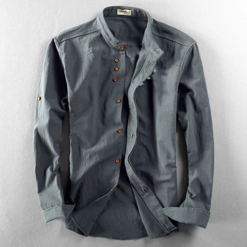 Camisa masculina de linho e algodão, gola alta, manga comprida, cor sólida, casual, respirável, clássica