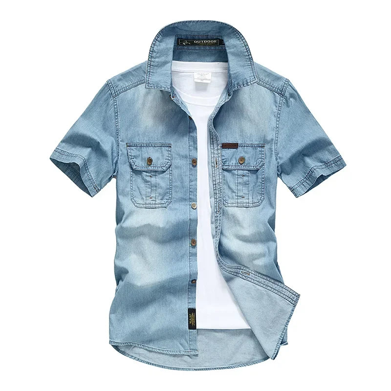 Camisas jeans masculinas com vários bolsos, camisas casuais de algodão de alta qualidade