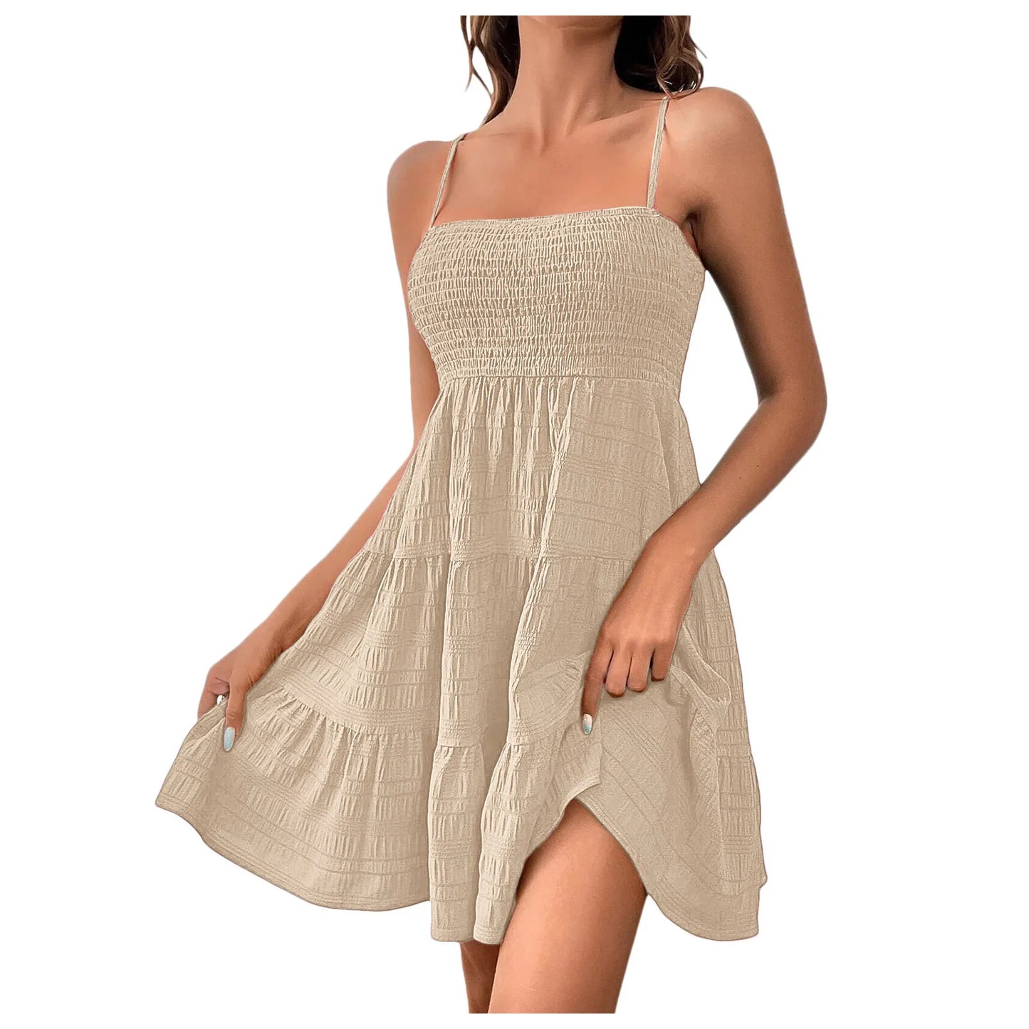 Vestido de praia boêmio feminino, sexy, sem mangas, costas nuas, grande, minivestido, liso, alça espaguete, babados