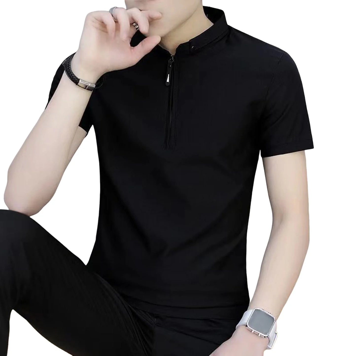 Camiseta masculina de manga curta, nova, de cor sólida, de algodão e linho, respirável