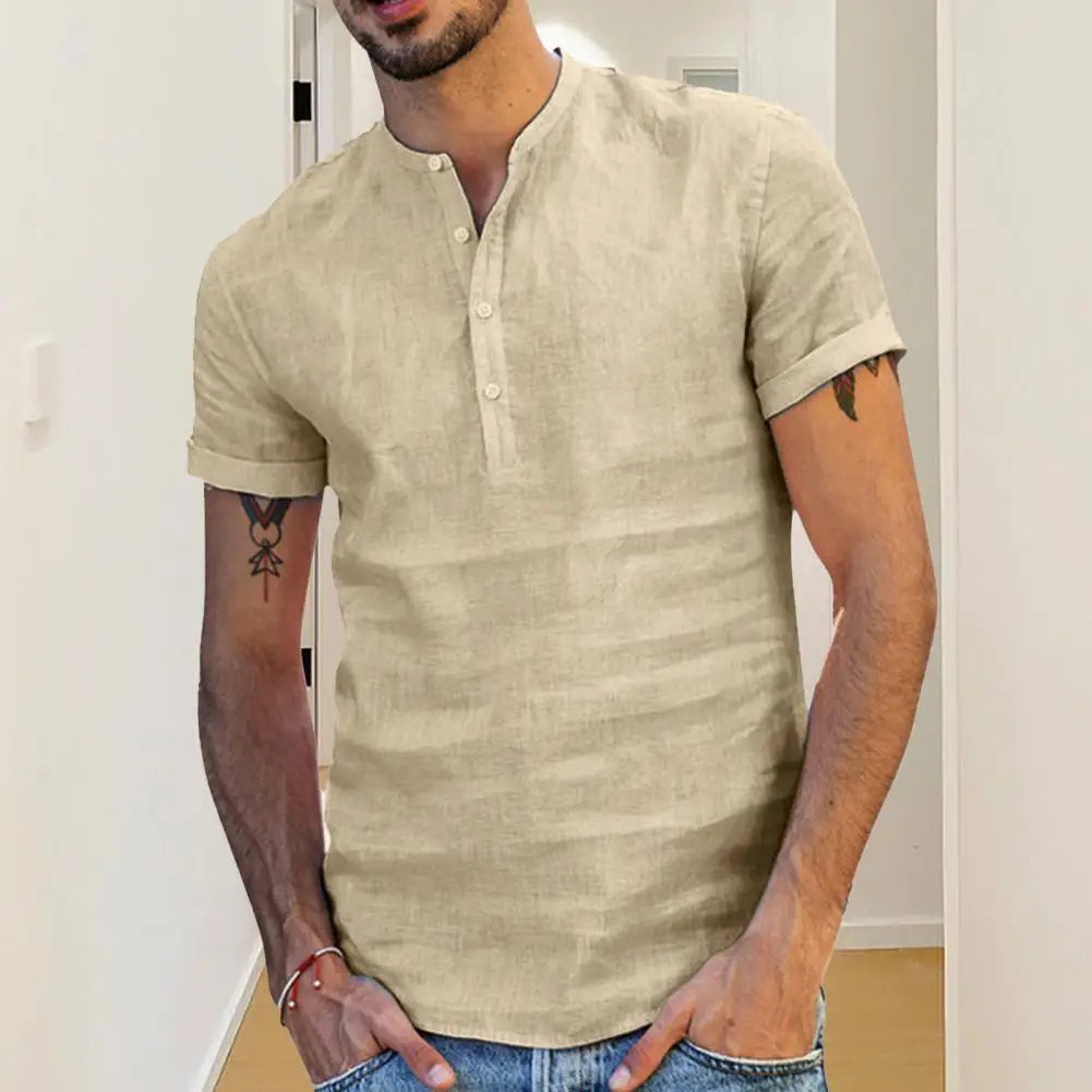 Camiseta masculina de manga curta, nova, de cor sólida, de algodão e linho, respirável