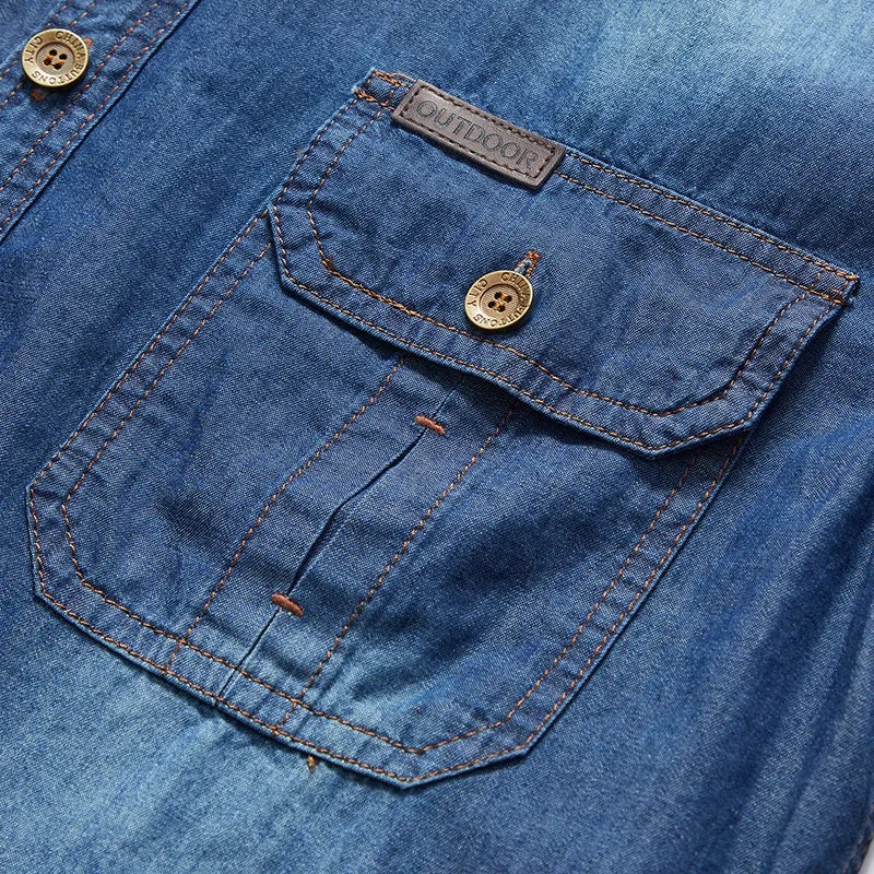 Camisas jeans masculinas com vários bolsos, camisas casuais de algodão de alta qualidade
