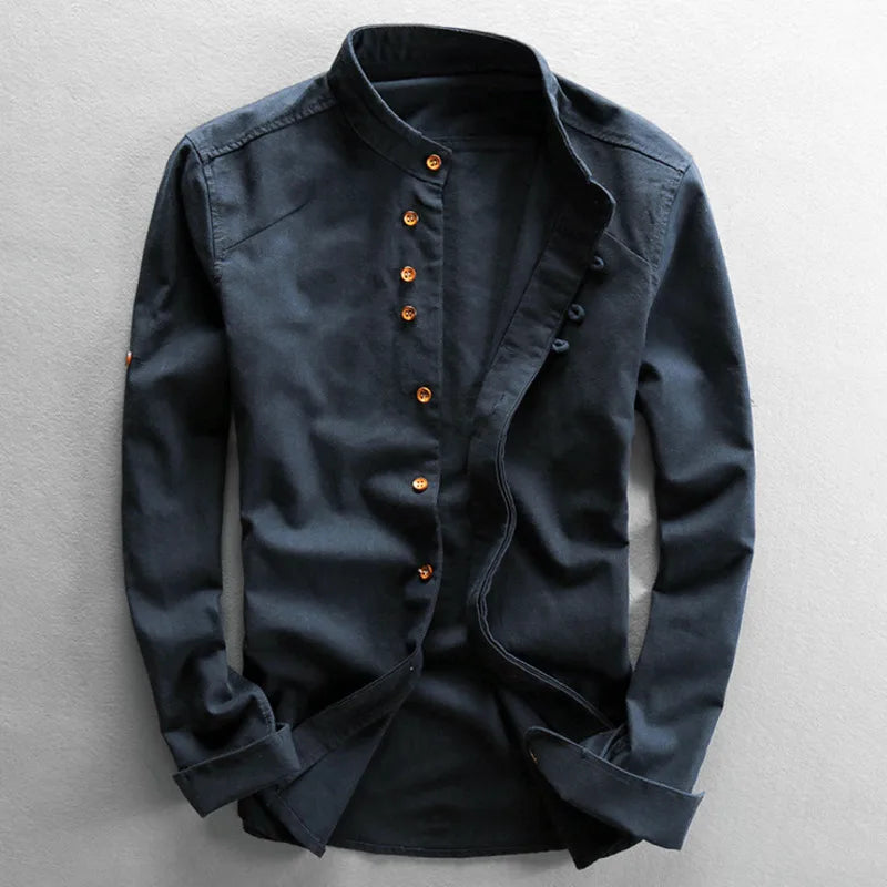 Camisa masculina de linho e algodão, gola alta, manga comprida, cor sólida, casual, respirável, clássica