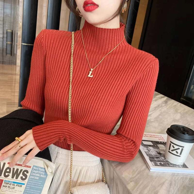 Suéter de malha feminino de inverno com manga comprida e gola falsa, pulôver, suéter de malha fina, blusas femininas da moda 2025