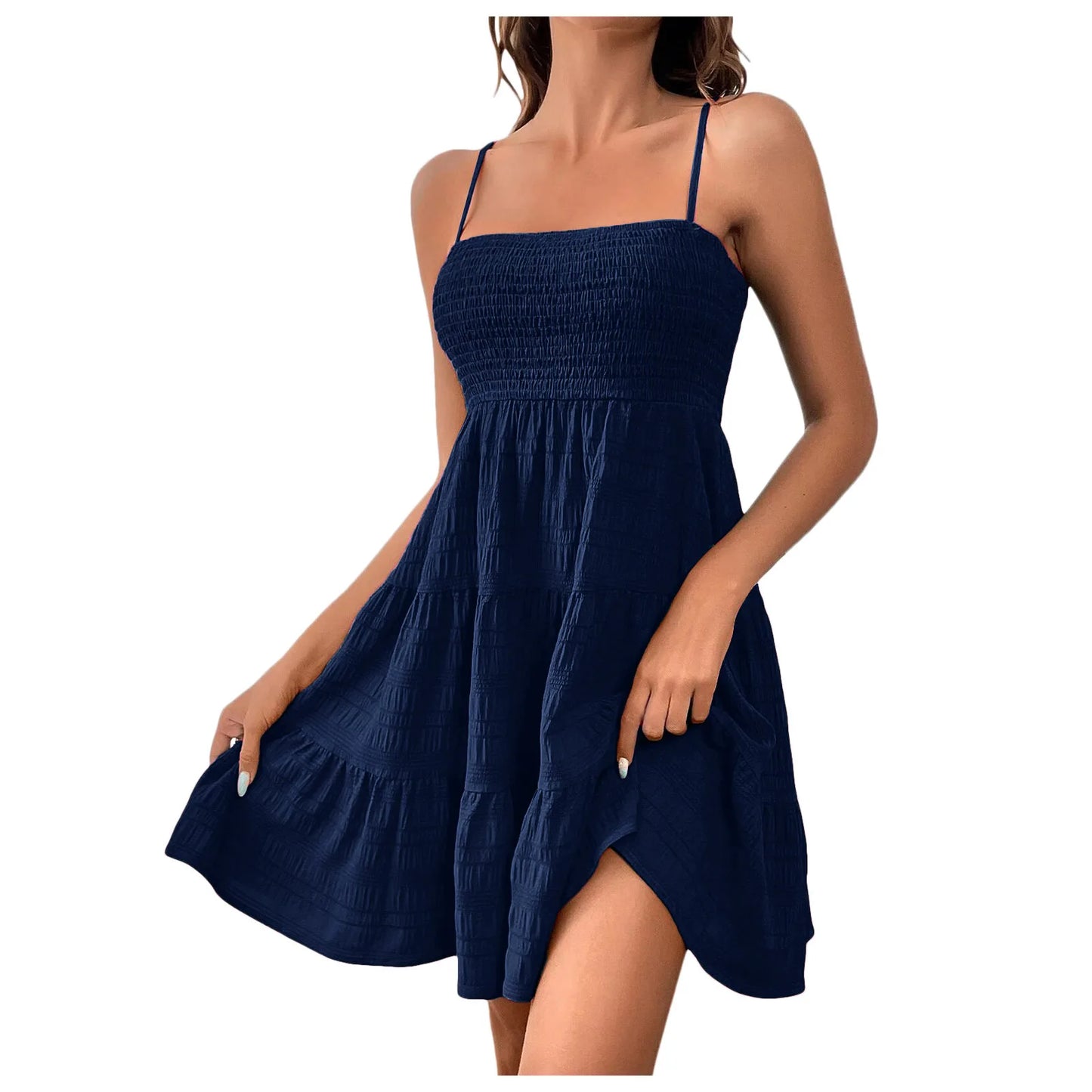 Vestido de praia boêmio feminino, sexy, sem mangas, costas nuas, grande, minivestido, liso, alça espaguete, babados