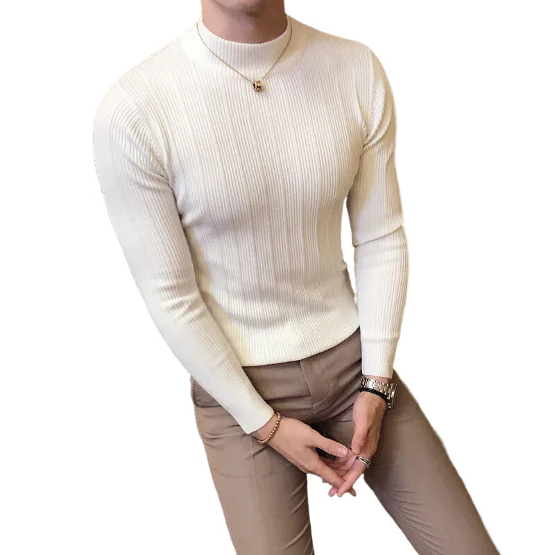 Men's Pullover Sweaters 2025 Korean Casual Striped Solid Sweater Men Half High Collar Stretch Tight Sweater Slim Fit Knit Tops