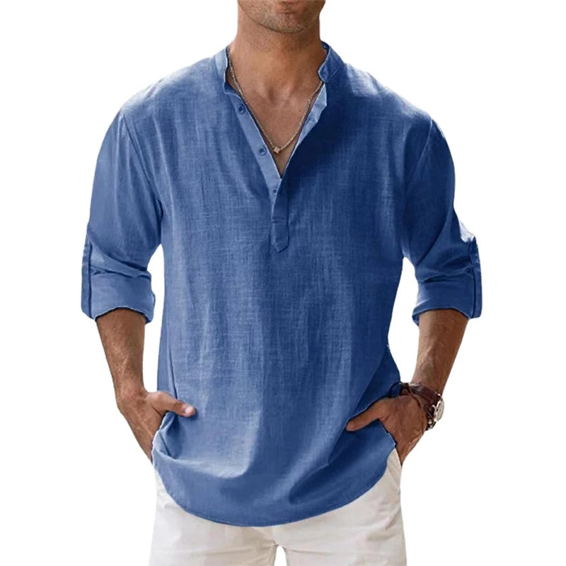 Novas camisas Henley masculina de algodão e linho, camisas casuais, leves, manga comprida